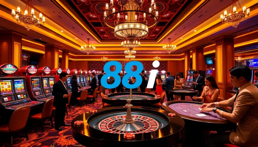 Gambling scene at an elegant casino featuring 88i logo, players at a roulette table, and vibrant slot machines.