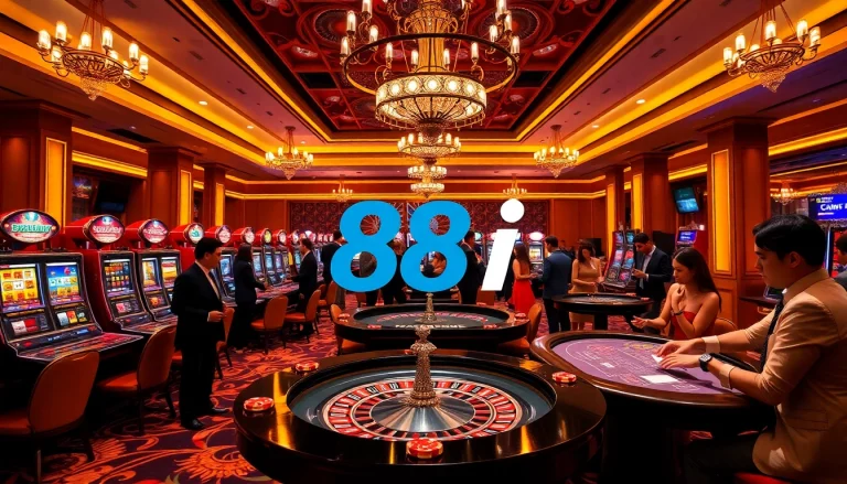 Gambling scene at an elegant casino featuring 88i logo, players at a roulette table, and vibrant slot machines.