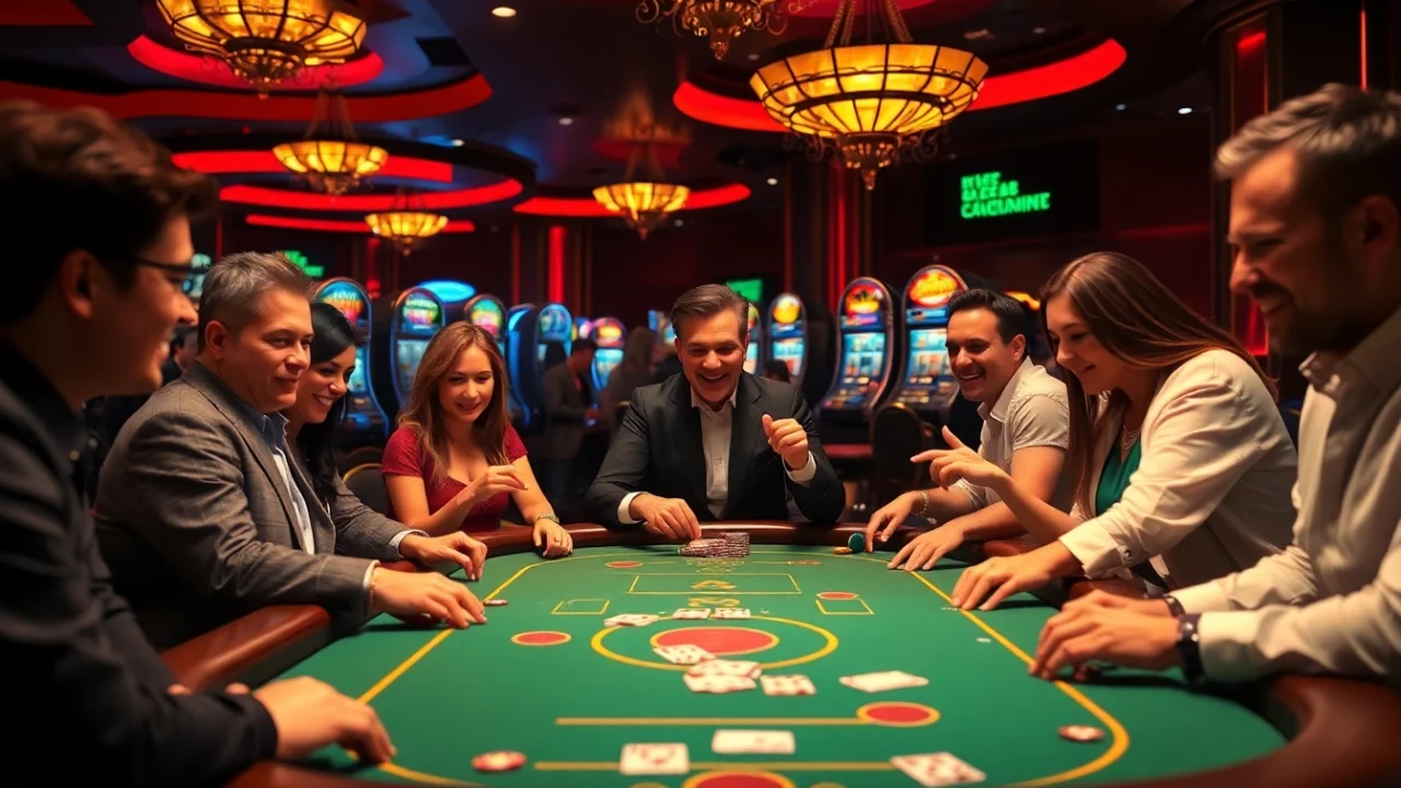 A vibrant casino scene at https://gg88.tech/ with players enjoying poker and slot machines.