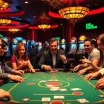A vibrant casino scene at https://gg88.tech/ with players enjoying poker and slot machines.