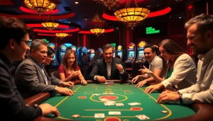 A vibrant casino scene at https://gg88.tech/ with players enjoying poker and slot machines.