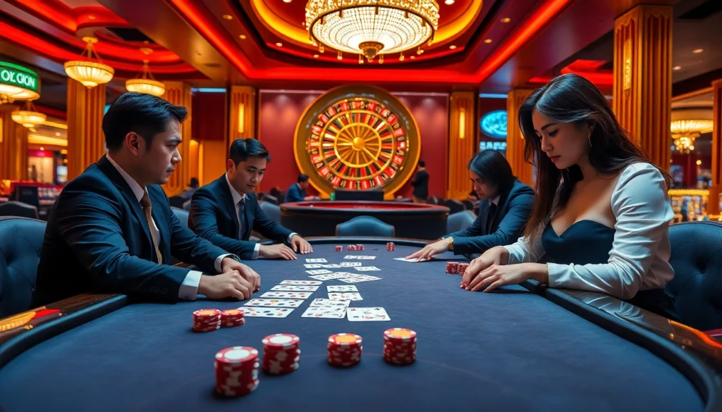 Experience thrilling poker gameplay with chips and cards at https://go88vn.blog in an upscale casino.