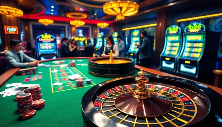 Experience thrilling gameplay at fb88 with a vibrant casino scene featuring poker chips and a roulette wheel.