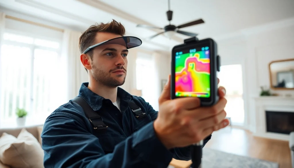 Leak detection technician using thermal imaging to identify hidden leaks in a home.