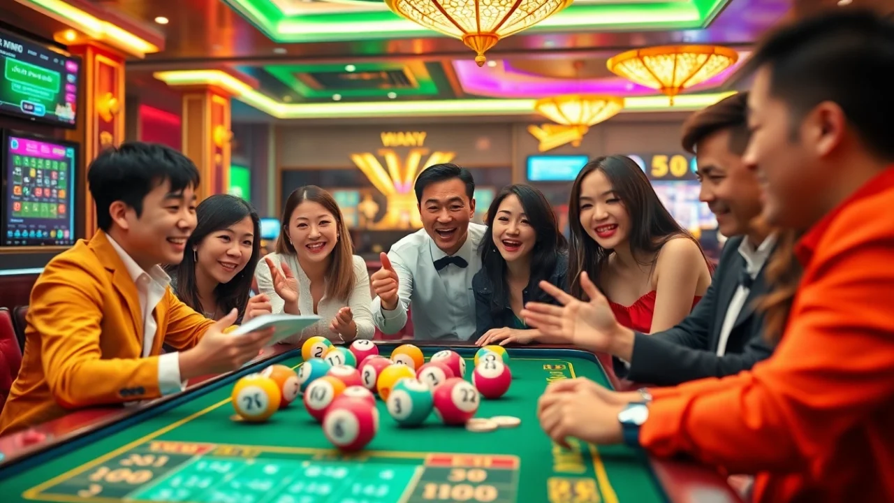 Engaged players enjoying the thrill of xổ số 33win at a vibrant online casino lottery table, filled with bright colors and excitement.