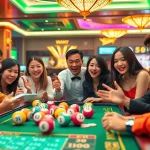 Engaged players enjoying the thrill of xổ số 33win at a vibrant online casino lottery table, filled with bright colors and excitement.