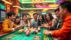 Engaged players enjoying the thrill of xổ số 33win at a vibrant online casino lottery table, filled with bright colors and excitement.