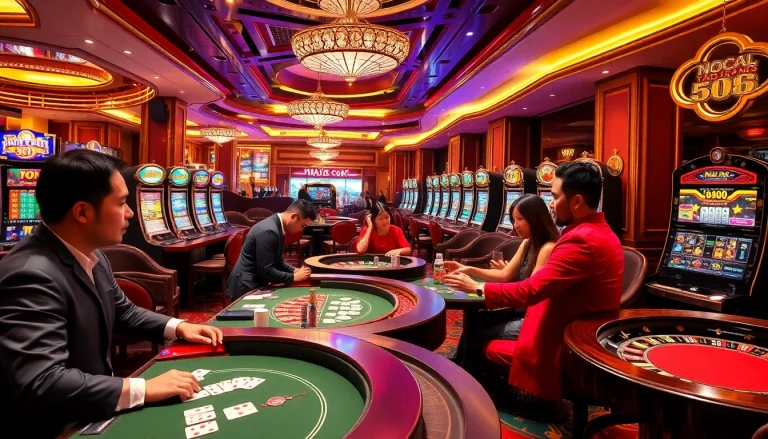 Players enjoying games at a luxurious casino with references to nhà cái 566.