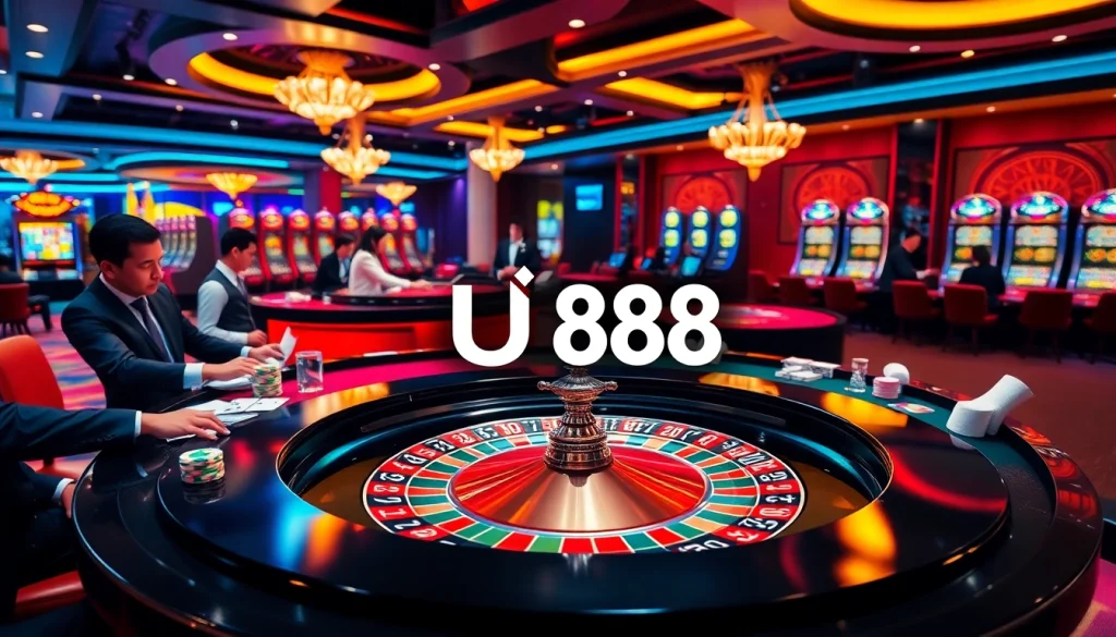 The thrilling atmosphere of nhà cái UU88 with players engaged at casino tables and vibrant slot machines.