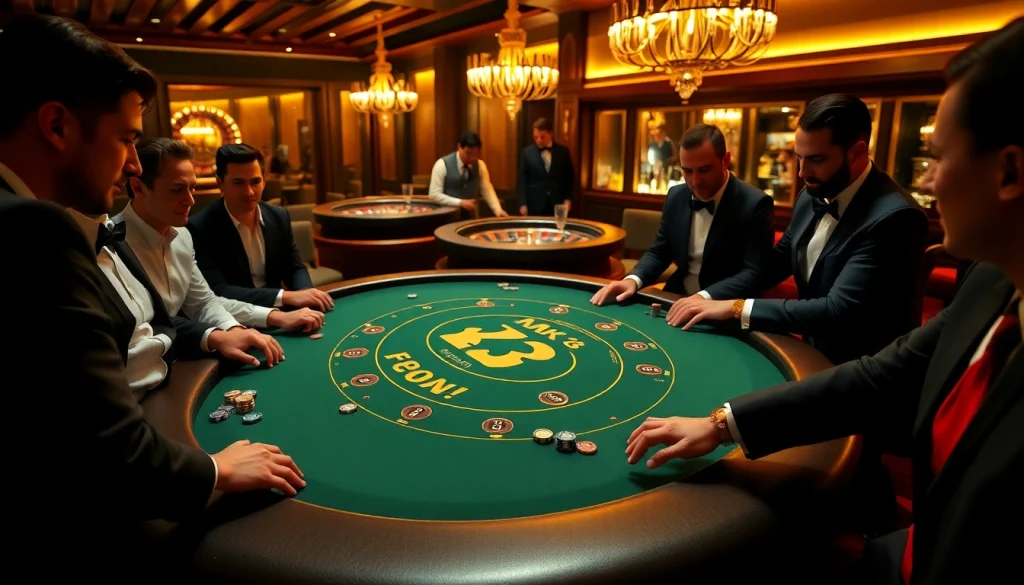 Players enjoying an intense game at the MK 8 blackjack table, surrounded by vibrant casino ambiance.