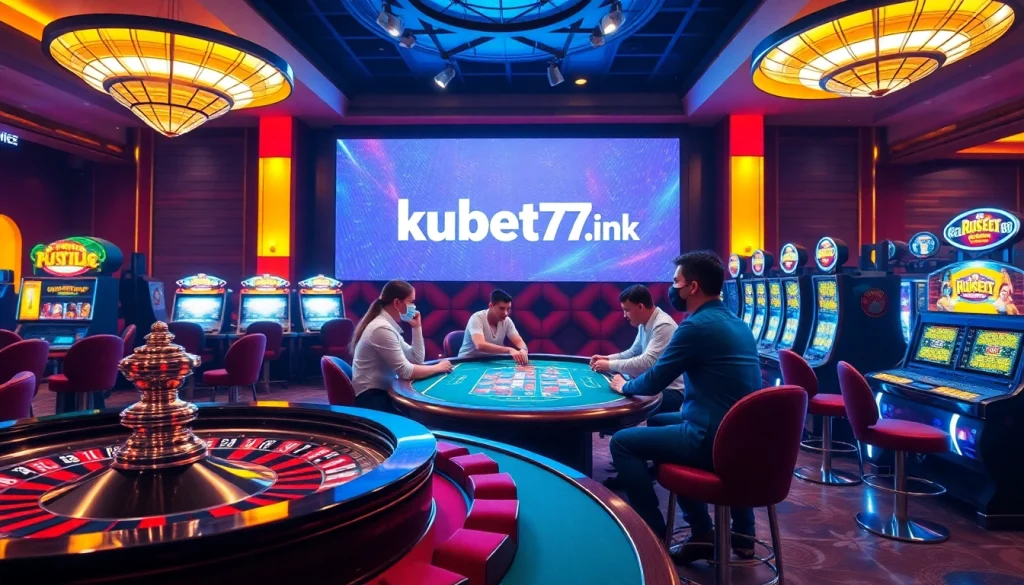 Players enjoying a game at KUBET77, combining action and excitement in a vibrant online casino setting.