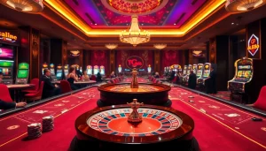 Experience the thrill of tg88 in a luxurious casino, featuring a roulette wheel and vibrant poker tables.
