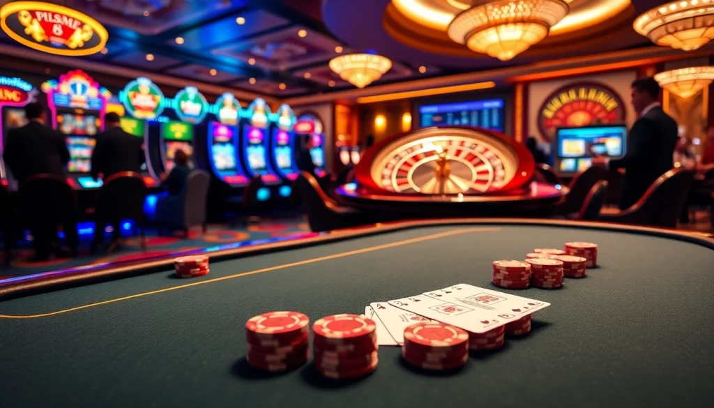 Engaging scene of casino excitement highlighting nhà cái 789P with poker games and slot machines.