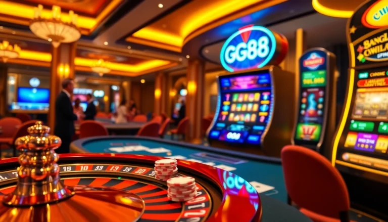 Experience the excitement of GG88 with a luxurious casino scene featuring roulette and slot machines.