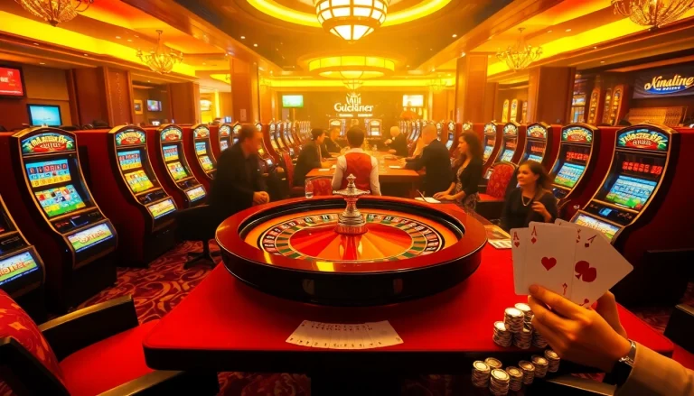Experience the excitement of king 88 at a luxurious casino table surrounded by vibrant slot machines.