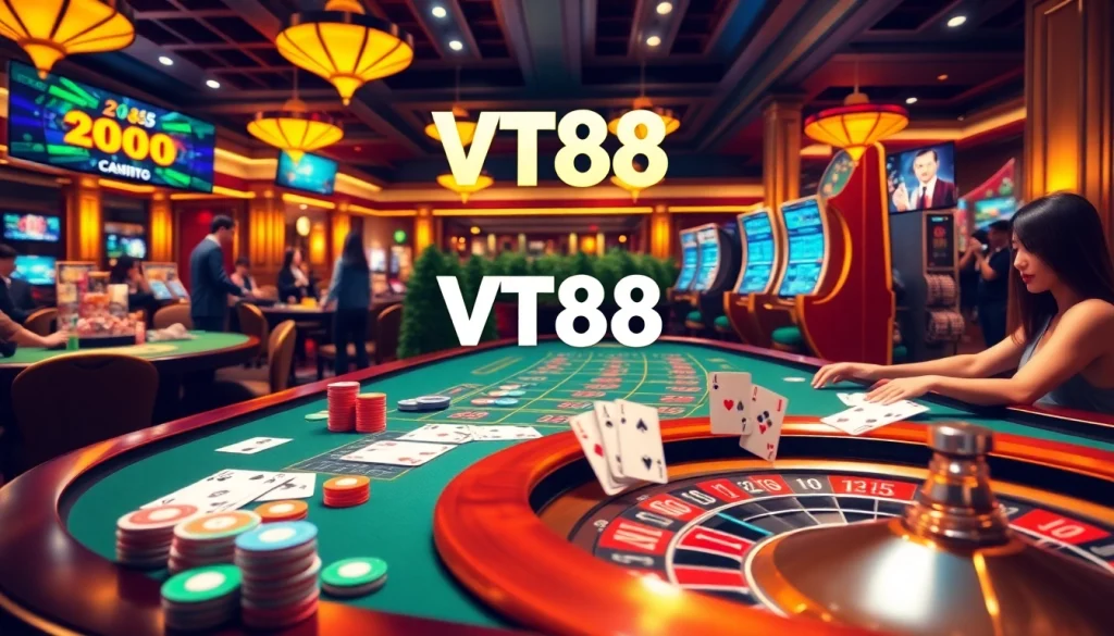 VT88 nhà cái showcases thrilling gaming action at a luxurious casino table with vibrant chips and cards.
