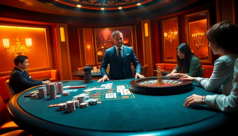 Experience the thrill of gambling at Win79 with a vibrant casino table showcasing cards and chips.