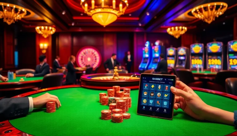 SHBET players engaged in an exciting poker game at a luxurious casino table.