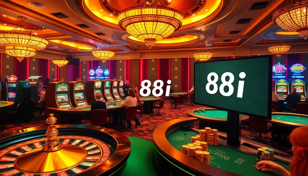 Excited players betting at a luxurious casino table featuring 88i branding, showcasing poker chips and a roulette wheel.