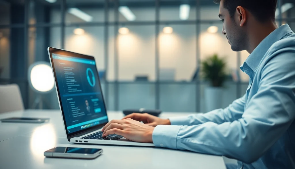 一位专业人士在现代办公环境中使用快连官网的笔记本电脑。