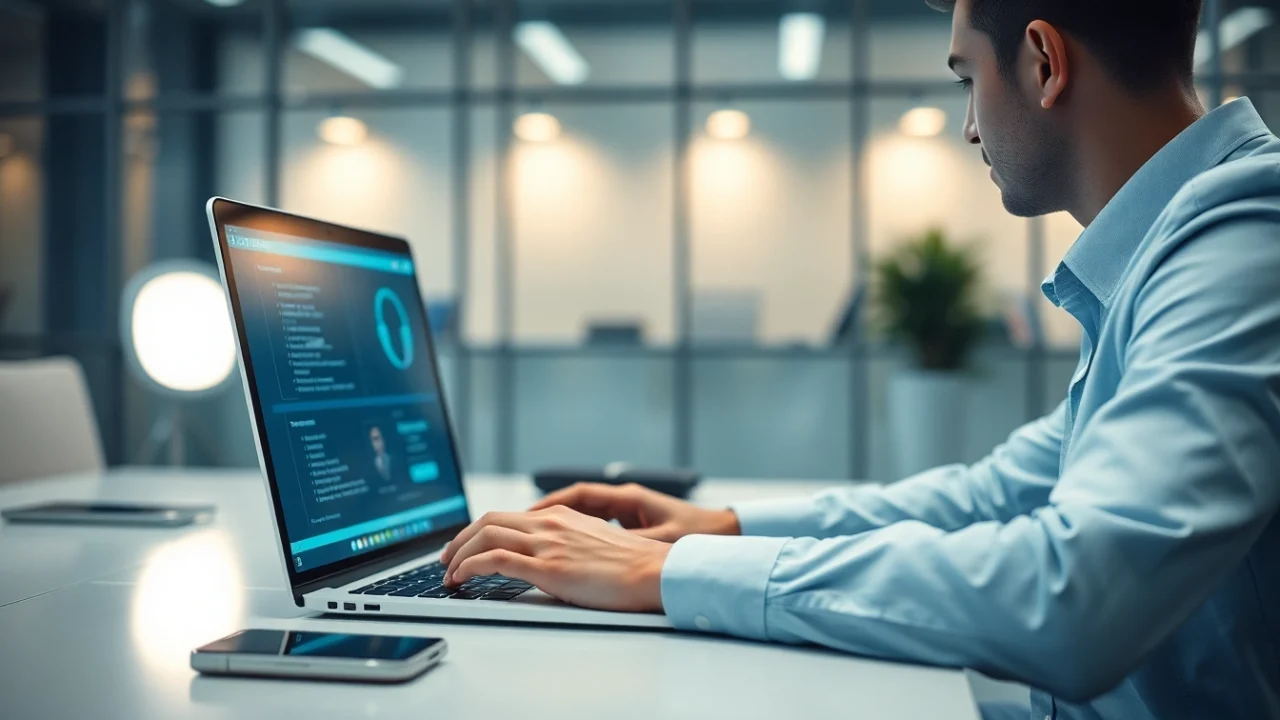 一位专业人士在现代办公环境中使用快连官网的笔记本电脑。