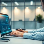 一位专业人士在现代办公环境中使用快连官网的笔记本电脑。