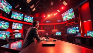 Engaging sports broadcasting scene with announcer at the desk, showcasing dynamic game footage.