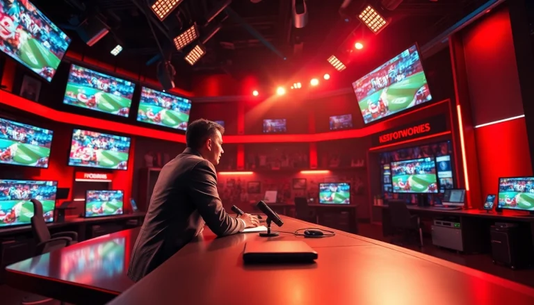 Engaging sports broadcasting scene with announcer at the desk, showcasing dynamic game footage.