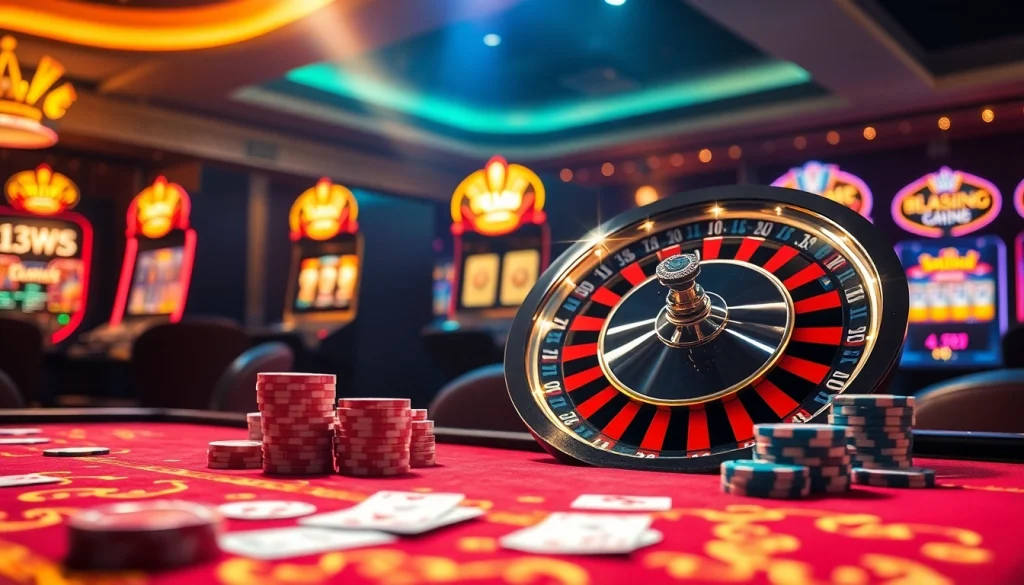 Experience thrilling wins at 13win casino with vibrant gaming tables and roulette wheels.