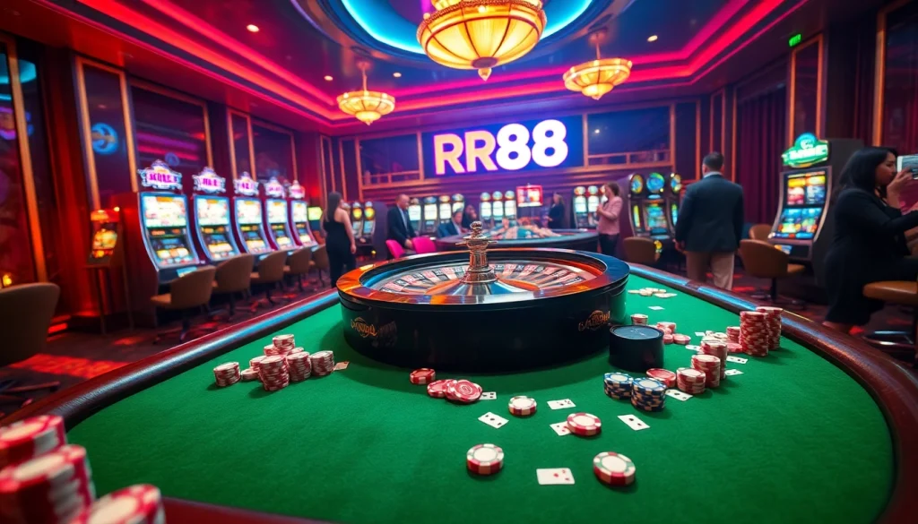Players enjoying a vibrant casino ambiance at RR88 with roulette, poker chips, and slot machines.