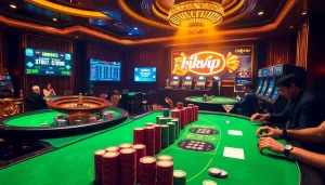 Engaging scene of intense gamblers enjoying online gaming at rikvip's luxurious casino tables