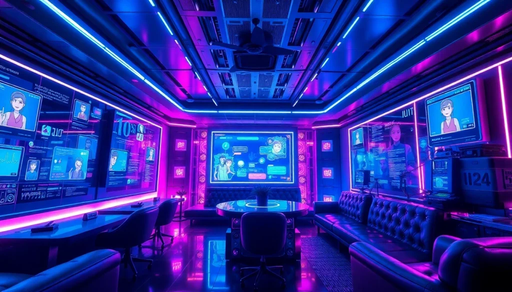 Engaging NSFW AI chatbot interaction in a futuristic lounge setting, showcasing technology and immersion.