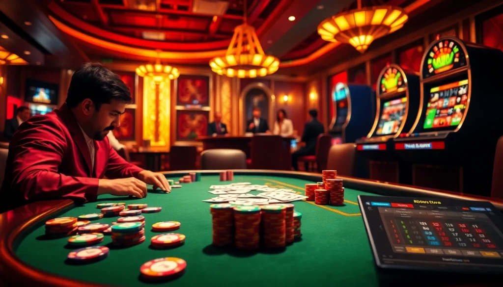 Exciting poker action at the luxurious casino scene from https://rikvip1.store/, highlighting vibrant poker chips and roulette excitement.