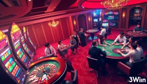 An exciting casino scene at nhà cái 32Win featuring players at tables, vibrant slot machines, and a roulette wheel.