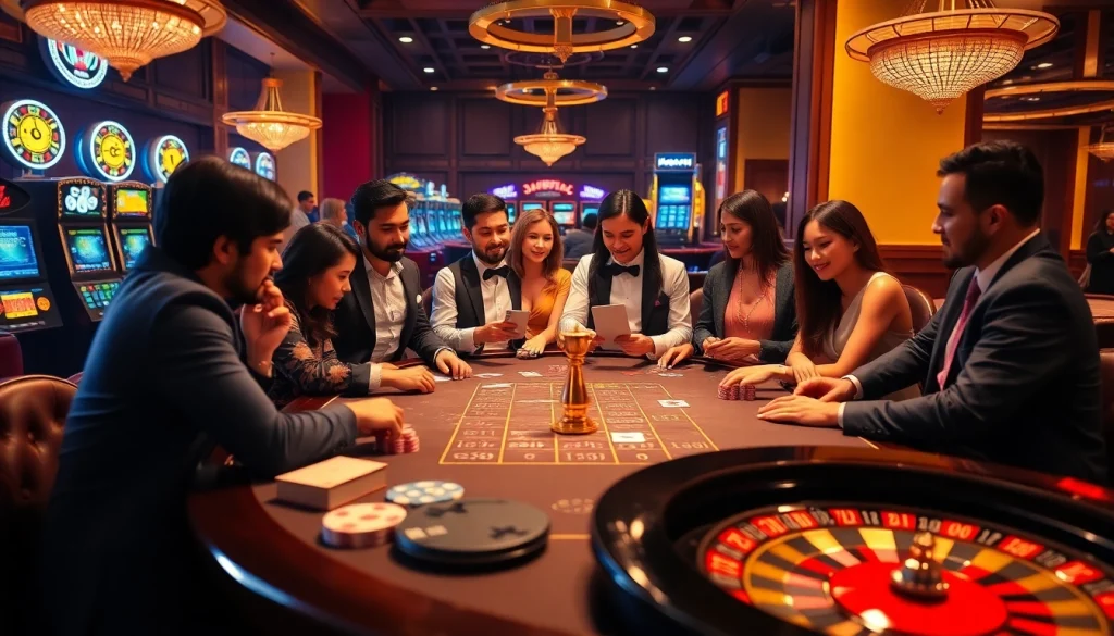 Players strategizing at a casino table with vibrant elements, highlighting nhà cái dh88 excitement.