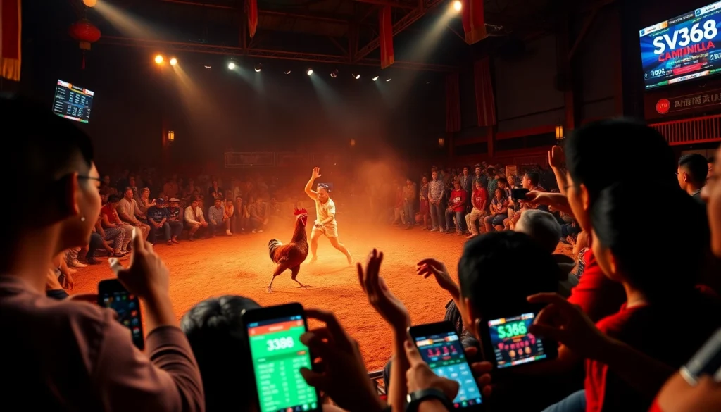 Live cockfighting at sv368win.live featuring intense fighters and enthusiastic spectators.