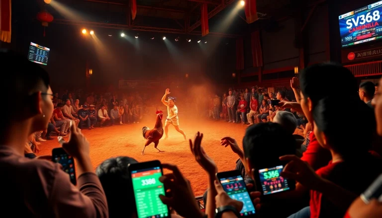 Live cockfighting at sv368win.live featuring intense fighters and enthusiastic spectators.