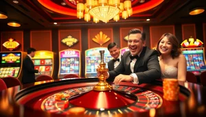 Players enjoying a thrilling game at 222BD's luxurious roulette table in a vibrant casino.