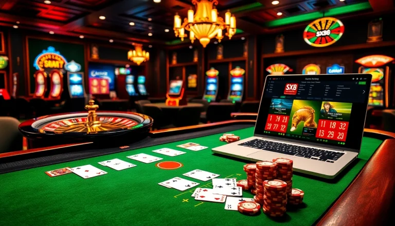 The nhà cái sx88 gaming experience features vibrant cards, roulette wheels, and poker chips at a luxurious casino table.