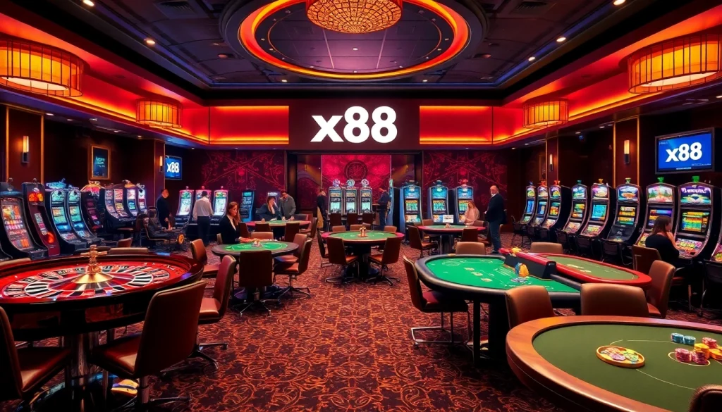 x88 gaming excitement in a luxurious casino setting with vibrant tables and slot machines