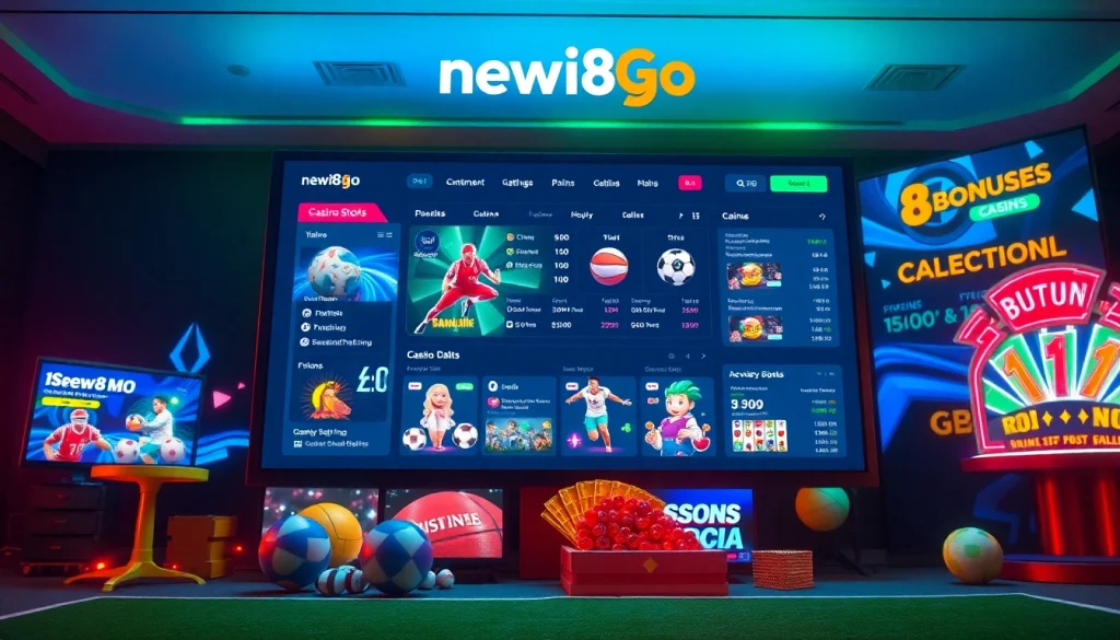 Dynamic betting interface highlighting new88go.com with vibrant visuals of sports and casino games