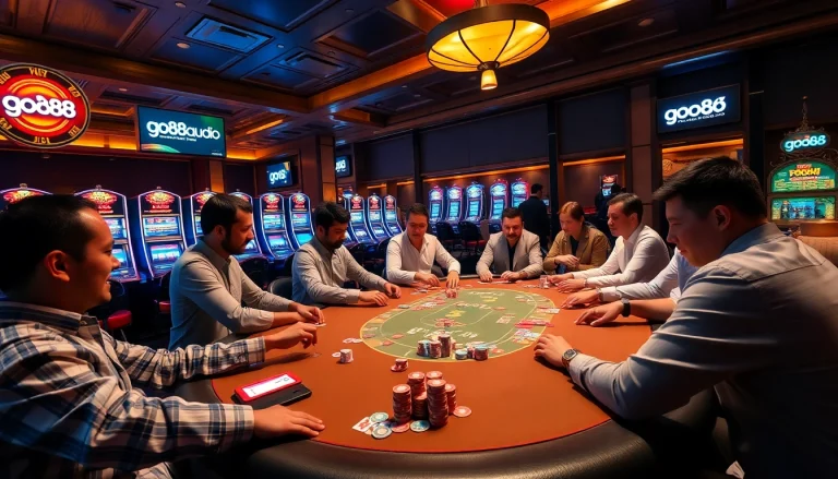 Playing high-stakes poker at a luxury casino table, showcasing go88.audio branding amidst vibrant action.