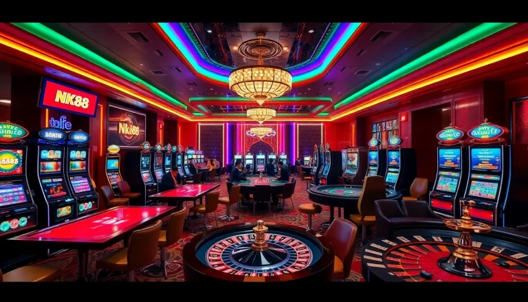 NK88 players enjoying a thrilling moment at a luxurious casino table with chips and cards.