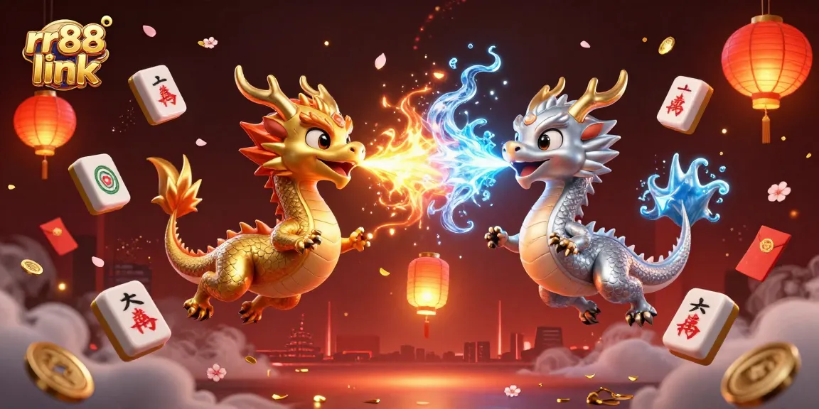 Experience the thrill of gaming at rr88 link with dynamic dragons fighting amidst vibrant casino elements